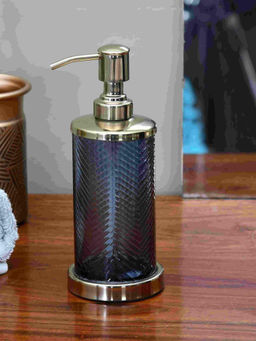 At Home by Nilkamal - Transparent Glass Soap and Lotion Dispenser (Blue & Gold)