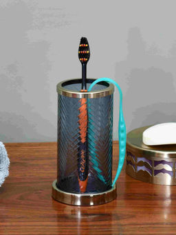 At Home by Nilkamal - Transparent Glass Tumbler Toothbrush Holder (Blue & Gold)