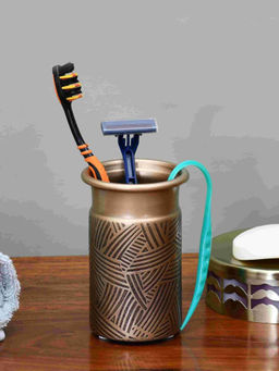 At Home by Nilkamal - Multipurpose Metal Tumbler Toothbrush Holder (Antique Gold)