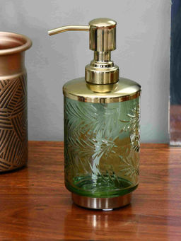 At Home by Nilkamal - Transparent Glass Soap and Lotion Dispenser (Green & Gold)