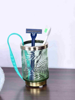 At Home by Nilkamal - Transparent Glass Tumbler Toothbrush Holder (Green & Gold)