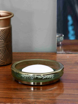 At Home by Nilkamal - Transparent Glass Round Soap Dish (Green & Gold)
