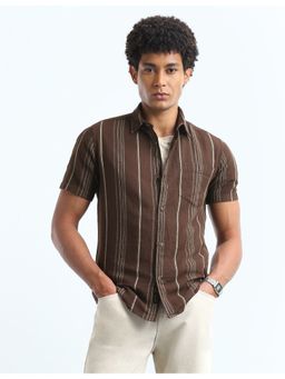Flying Machine - Men's Vertical Striped Slim Fit Shirt-Brown