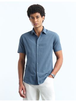 Flying Machine - Men's Seersucker Slim Fit Shirt-Blue