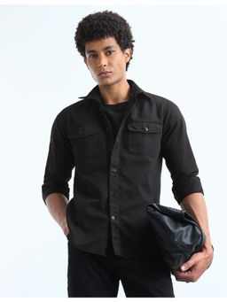 Flying Machine - Men's Solid Slim Fit Shirt-Black
