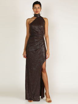 Deme - One Shoulder Backless Neck Tie Up Dress