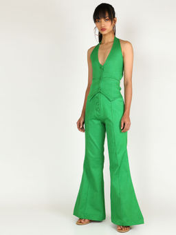Deme - Green Denim Button Up Pants And Backless Waist Coat (Set of 2)