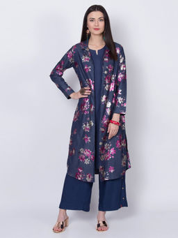 Biba - Navy Blue Floral Front Open Kurta With Inner (Set of 2)