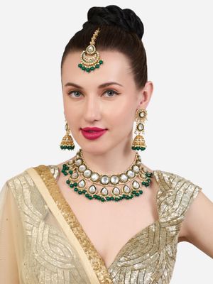 Zaveri Pearls Green Beads Stones Choker Necklace Earrings and Maan Tikka Set