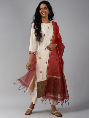 Indo Era Solid Maroon Straight Kurta Palazzo With Dupatta Set