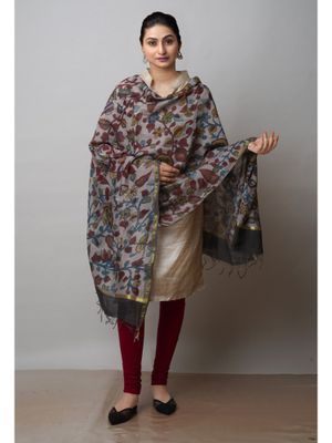 Grey - Srikalahasti Kalamkari Pen Work Chanderi Silk Natural Dyed Handpainted Dupatta 13