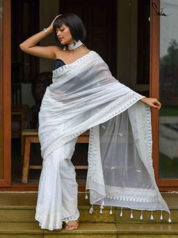 Suta - White Embroidered Tassels Saree without Blouse