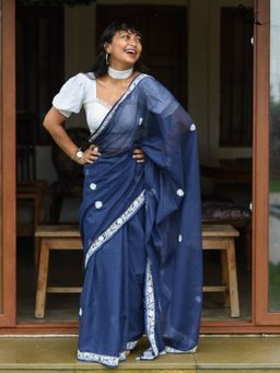 Suta - Blue Embroidered Tassels Saree without Blouse