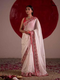 Suta - White Embroidered Thread Work Saree without Blouse