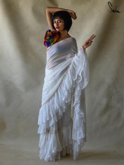 Suta - White Embellished/Sequined Beads and Stone Saree without Blouse