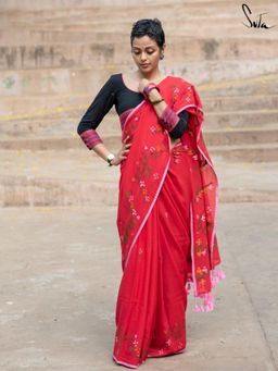 Suta - Red Woven Tassels Saree without Blouse