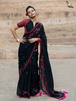 Suta - Black Printed Tassels Saree without Blouse