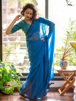Suta - Blue Solid/Plain Tassels Saree without Blouse