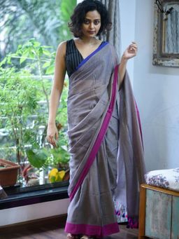 Suta - Grey Solid/Plain Tassels Saree without Blouse