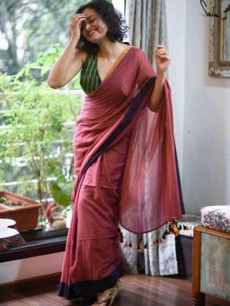 Suta - Pink Solid/Plain Tassels Saree without Blouse
