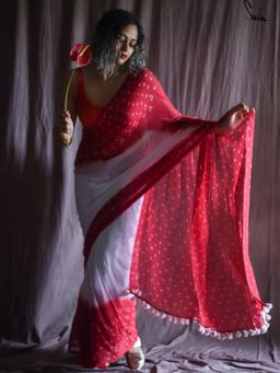 Suta - Red Printed Tassels Saree without Blouse