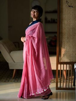 Suta - Pink Printed Tassels Saree without Blouse