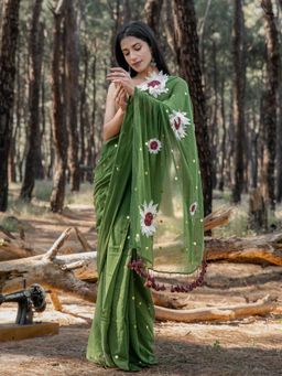 Suta - Olive Embellished/Sequined Tassels Saree without Blouse