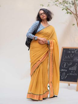Suta - Yellow Striped Tassels Saree without Blouse