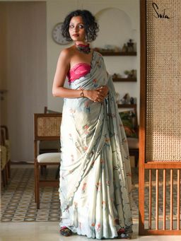 Suta - Blue Embellished/Sequined Embroidered Saree without Blouse