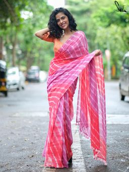 Suta - Orange Striped Embellished/Sequined Saree without Blouse