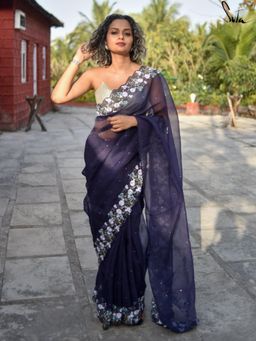 Suta - Blue Embroidered Embellished/Sequined Saree without Blouse