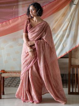 Suta - Pink Embroidered Thread Work Saree without Blouse