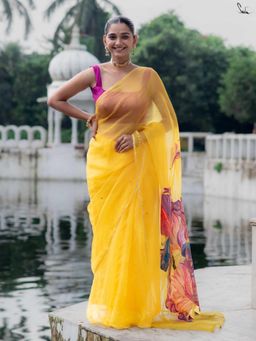 Suta - Yellow Floral Embellished/Sequined Saree without Blouse
