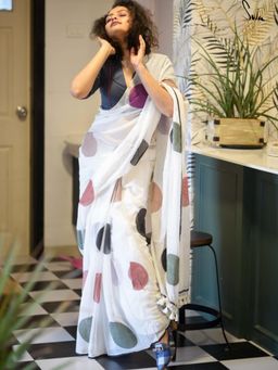 Suta - White Printed Tassels Saree without Blouse