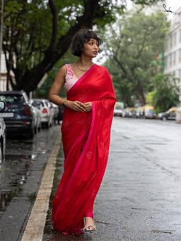 Suta - Red Floral Tassels Saree without Blouse