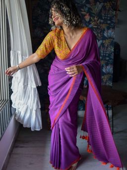 Suta - Purple Printed Tassels Saree without Blouse