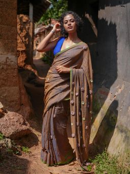 Suta - Brown Embroidered Thread Work Saree without Blouse