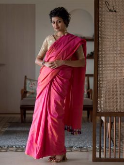 Suta - Pink Solid/Plain Tassels Saree without Blouse