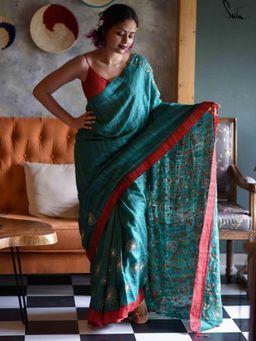 Suta - Green Embroidered Thread Work Saree without Blouse