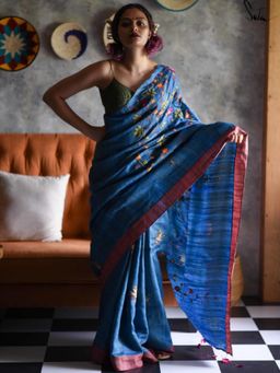 Suta - Blue Embroidered Thread Work Saree without Blouse