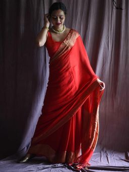 Suta - Red Woven Tassels Saree without Blouse