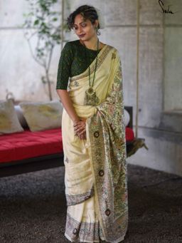 Suta - Beige Embroidered Thread Work Saree without Blouse