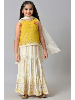 Aurelia - Girls Yellow Sleeveless Top with White Skirt and Dupatta (Set of 3)