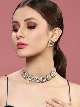 PANASH - Black Gold Plated AD and Kundan Stone Studded Choker Jewellery (Set of 2)