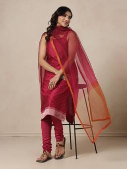 Fabindia - Magenta Cotton Silk Blend Kurta with Churidar and Dupatta