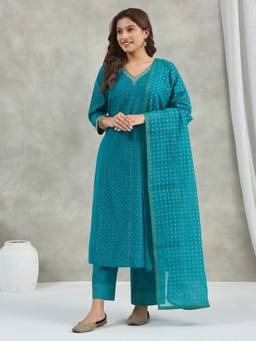 Fabindia - Teal Cotton Silk Printed Kurta with Pant and Dupatta