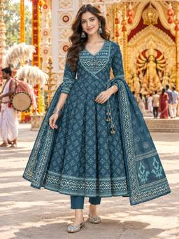 BERRYLICIOUS - Women Teal Printed Anarkali With Pant And Dupatta
