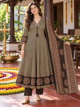 BERRYLICIOUS - Women Brown Ajrakh Printed Anarkali Kurta With Palazzo And Dupatta