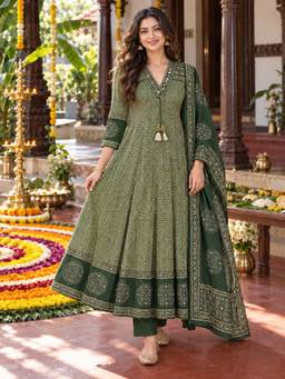BERRYLICIOUS - Women Green Ajrakh Printed Anarkali Kurta With Palazzo And Dupatta