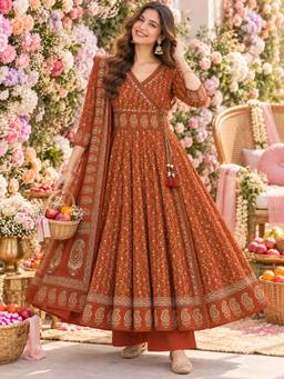 BERRYLICIOUS - Rust Ethnic Motif Printed Anarkali Kurta with Palazzo and Dupatta